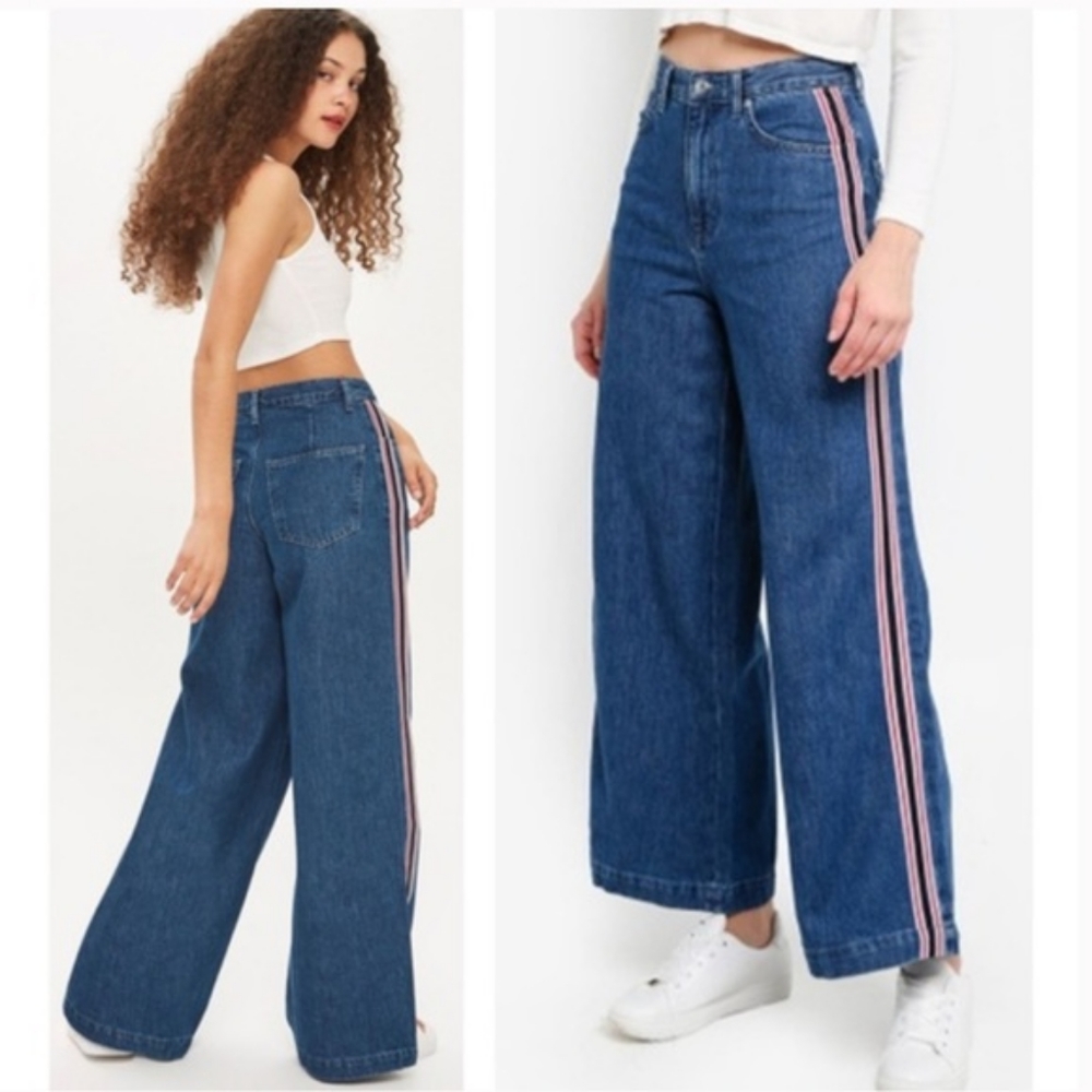 Top shop wide leg indigo crop striped leg pant size